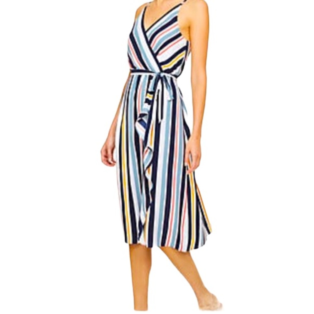 Loft spaghetti strap striped wrap belted dress